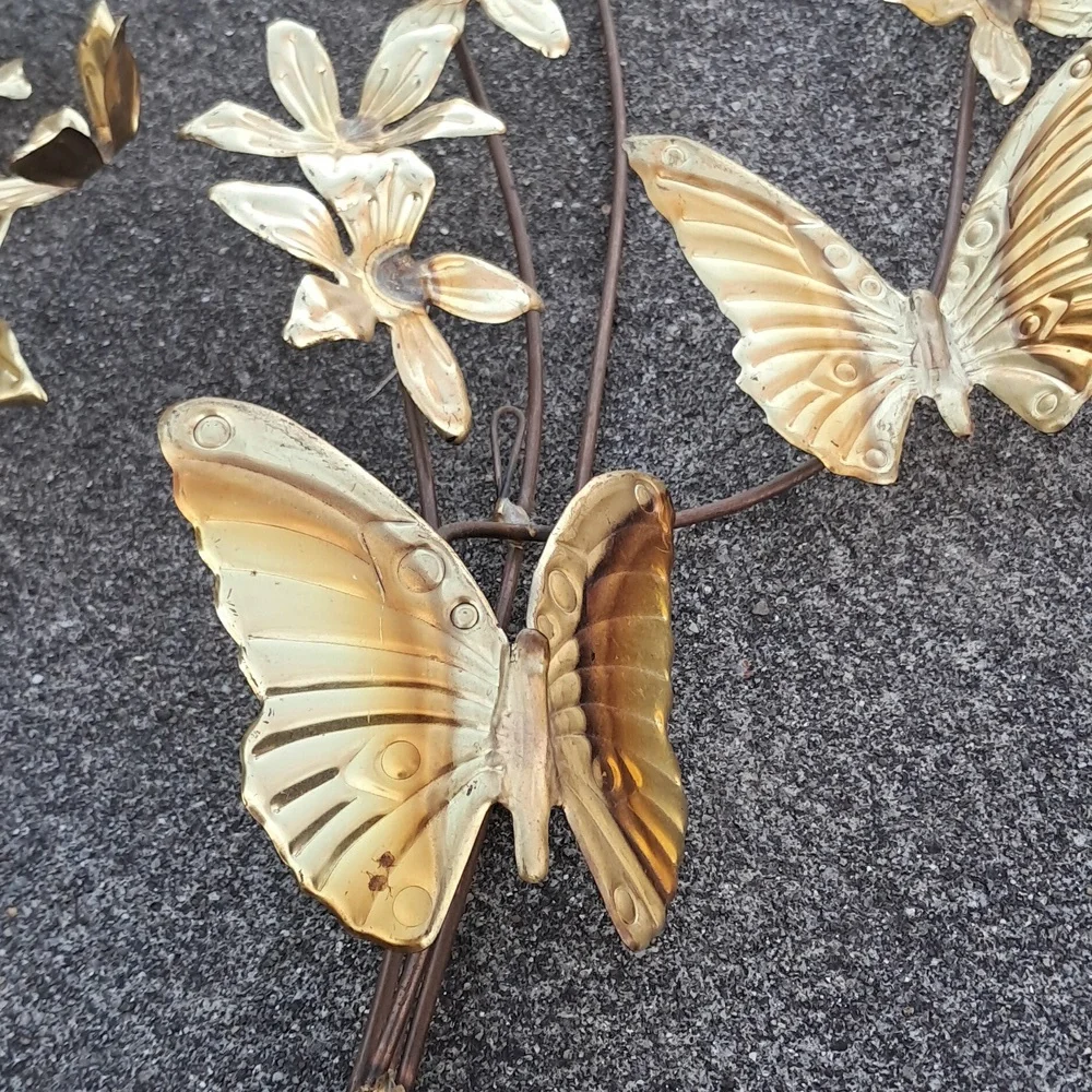 3 Vintage MCM Pair Brass Metal Butterfly Hummingbird Flower Art Wall Hangings
